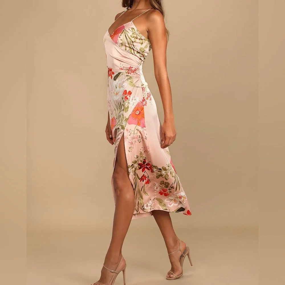 NEW Lulus Remarkable Entrance Pink Floral Print Satin Midi Dress Large NWT - Picture 4 of 8